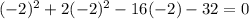 (-2)^2 + 2(-2)^2 - 16(-2)-32=0