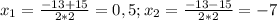 x_1= \frac{-13+15}{2*2} =0,5; x_2=\frac{-13-15}{2*2} =-7