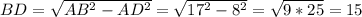 BD=\sqrt{AB^{2}-AD^{2}}=\sqrt{17^{2}-8^{2}}=\sqrt{9*25}=15