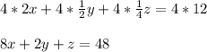 4*2x+4* \frac{1}{2}y+4* \frac{1}{4}z=4*12\\\\&#10;8x+2y+z=48\\ 