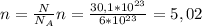 n=\frac{N}{N_{A}} n=\frac{30,1 * 10^{23}}{6 * 10^{23}}=5,02