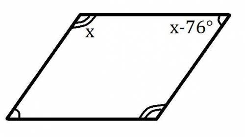 Один угол параллелограмма больше другого на 76 градусов. найти больший угол