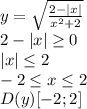 y= \sqrt{ \frac{2-|x|}{x^2+2} } &#10;\\\&#10;2-|x| \geq 0&#10;\\\&#10;|x |\leq 2&#10;\\\&#10;-2 \leq x \leq 2&#10;\\\&#10;D(y)[-2; 2]&#10;