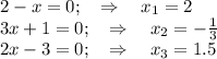 2-x=0;~~\Rightarrow~~~ x_1=2\\ 3x+1=0;~~\Rightarrow~~~ x_2=- \frac{1}{3} \\ 2x-3=0;~~\Rightarrow~~~ x_3=1.5