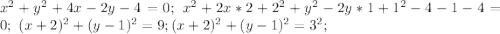 x^{2}+y^{2}+4x-2y-4=0;\ x^{2}+2x *2+2^{2}+y^{2}-2y*1+1^{2}-4-1-4=0;\ (x+2)^{2}+(y-1)^{2}=9; (x+2)^{2}+(y-1)^{2}=3^{2};