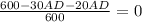  \frac{600-30AD-20AD}{600} =0