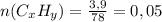 n(C_xH_y)= \frac{3,9}{78}=0,05 