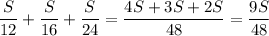 \displaystyle \frac{S}{12}+ \frac{S}{16}+ \frac{S}{24}= \frac{4S+3S+2S}{48}= \frac{9S}{48} 