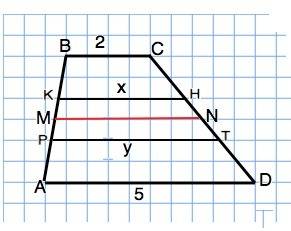 Боковая сторона трапеции разделена на три равные части и из точек деления к другой стороне проведены
