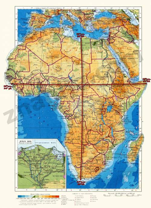 Протяженность африки по меридиану 20*в.д и параллели 10* с.ш в градусах и км