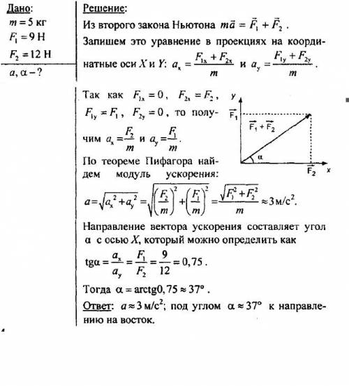 На тело массой 5 кг действуют силы 9 н и 12 н, направленные на север и восток соответственно. чему р