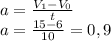a=\frac{V_1-V_0}{t}\\a=\frac{15-6}{10}=0,9