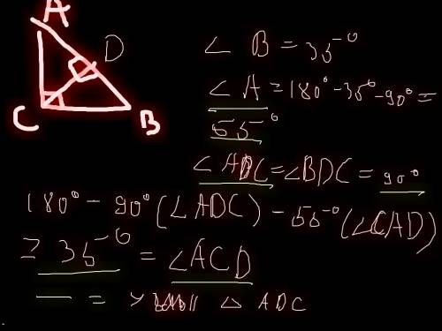 Втреугольнике abc угол c равен 90 градусов,а угол b равен 35 градусов, cd высота.найдите углы треуго