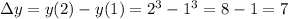\Delta y=y(2)-y(1)=2^3-1^3=8-1=7