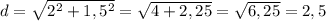  d= \sqrt{2^2+1,5^2}= \sqrt{4+2,25} = \sqrt{6,25} =2,5 