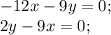 -12x-9y=0;\\ 2y-9x=0;