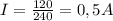 I= \frac{120}{240}=0,5 A