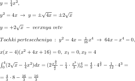 y=\frac{1}{4}x^2,\\\\y^2=4x\; \to \; y=\pm\sqrt{4x}=\pm 2\sqrt{x}\\\\y=+2\sqrt{x}\; -\; verxnya\; vetv\\\\Tochki\; pertesecheniya\; :\; y^2=4x=\frac{1}{16}x^4\; \to \; 64x-x^4=0,\; \\\\x(x-4)(x^2+4x+16)=0,\; x_1=0,x_2=4\\\\\int _0^4(2\sqrt{x}-\frac{1}{4}x^2)dx=(2\frac{x^{\frac{3}{2}}}{\frac{3}{2}}-\frac{1}{4}\cdot \frac{x^3}{3})|_0^4=\frac{4}{3}\cdot 4^{\frac{3}{2}}-\frac{1}{12}\cdot 4^3=\\\\=\frac{4}{3}\cdot 8-\frac{16}{3}=\frac{16}{3}