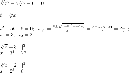 \sqrt[3]{x^2} -5 \sqrt[3]{x} +6=0 \\ \\ t= \sqrt[3]{x} \\ \\ t^2 -5t+6=0; \ \ t_{1,2}=\frac{5 \pm \sqrt{(-5)^2 -4 \cdot 1 \cdot 6}}{2 \cdot 1}=\frac{5 \pm \sqrt{25-24}}{2}=\frac{5 \pm 1}{2}; \\ t_1=3, \ \ t_2=2 \\ \\ \sqrt[3]{x} =3 \ \ \ |^3 \\ x=3^3=27 \\ \\ \sqrt[3]{x} =2 \ \ \ |^3 \\ x=2^3=8