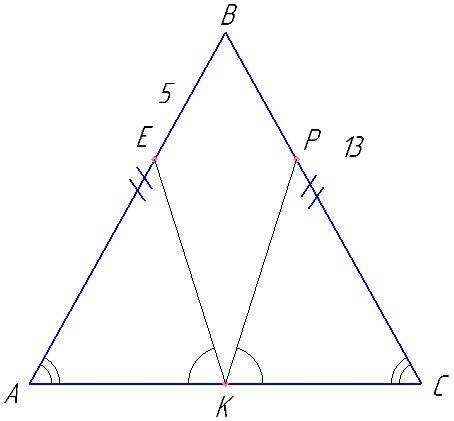 Втреугольнике abc стороны ab и bc равны, k-середина ac, bc = 13 см.на сторонах ab и bc соответственн