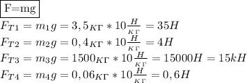 \fbox{F=mg}\\&#10;F_T_1=m_1g=3,5_K_\Gamma*10 \frac{H}{_K_\Gamma} =35H\\&#10;F_T_2=m_2g=0,4_K_\Gamma*10 \frac{H}{_K_\Gamma} =4H\\&#10;F_T_3=m_3g=1500_K_\Gamma*10 \frac{H}{_K_\Gamma}=15000H=15kH\\&#10;F_T_4=m_4g=0,06_K_\Gamma*10 \frac{H}{_K_\Gamma}=0,6H