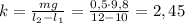 k=\frac{mg}{l_{2}-l_{1}}=\frac{0,5\cdot9,8}{12-10}=2,45