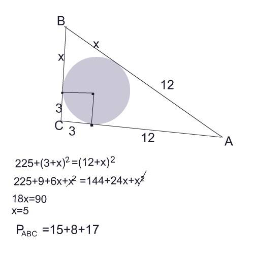 Точка кассания вписаной в треугольник окружности делит катет на 3см и на 12см найти периметр