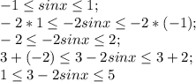 -1 \leq sin x \leq 1;\\ -2*1 \leq -2sin x \leq -2*(-1);\\ -2 \leq -2sin x \leq 2;\\ 3+(-2) \leq 3-2sin x \leq 3+2;\\ 1 \leq 3-2sin x \leq 5