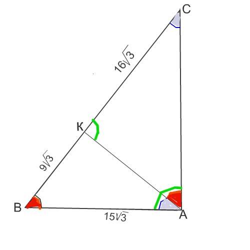 Сторона ab треугольника abc равна 15√3. на стороне bc взята точка k так, что bk=9√3, kc=16√3 и треуг