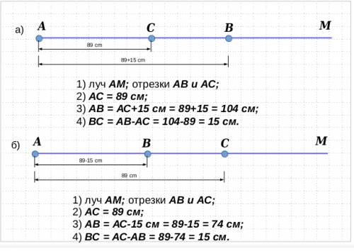 На луче ам отложили отрезки ав и ас, ас = 89 см. найдите длину отрезка вс, если; а) ав на 15 см длин