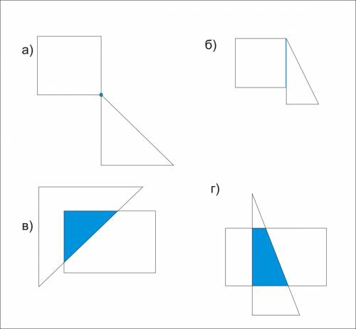 Нарисуй треугольник и четырехугольник, пересечением которых являются: а) точка; б) отрезок; в) треуг