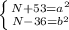 \left \{ {{N+53= a^{2} } \atop {N-36= b^{2} }} \right.