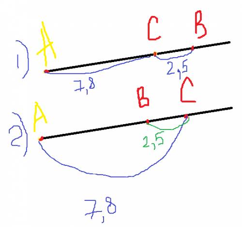 На луче с началом в точке а отмечены точки в и с. известно, что ас=7,8см, вс=2,5см. какую длину може