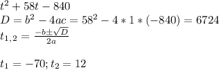 t^2+58t-840 \\ D=b^2-4ac=58^2-4*1*(-840)=6724 \\ t_1_,_2= \frac{-b\pm \sqrt{D} }{2a} \\ \\ t_1=-70;t_2=12
