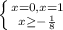 \left \{ {{x=0, x=1} \atop {x \geq - \frac{1}{8} }} \right.