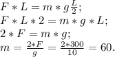 F*L=m*g\frac{L}{2};\\&#10;F*L*2=m*g*L;\\&#10;2*F=m*g;\\&#10;m=\frac{2*F}{g}=\frac{2*300}{10}=60.