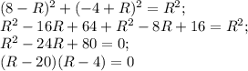 (8-R)^2+(-4+R)^2=R^2;\\ R^2-16R+64+R^2-8R+16=R^2;\\ R^2-24R+80=0;\\ (R-20)(R-4)=0
