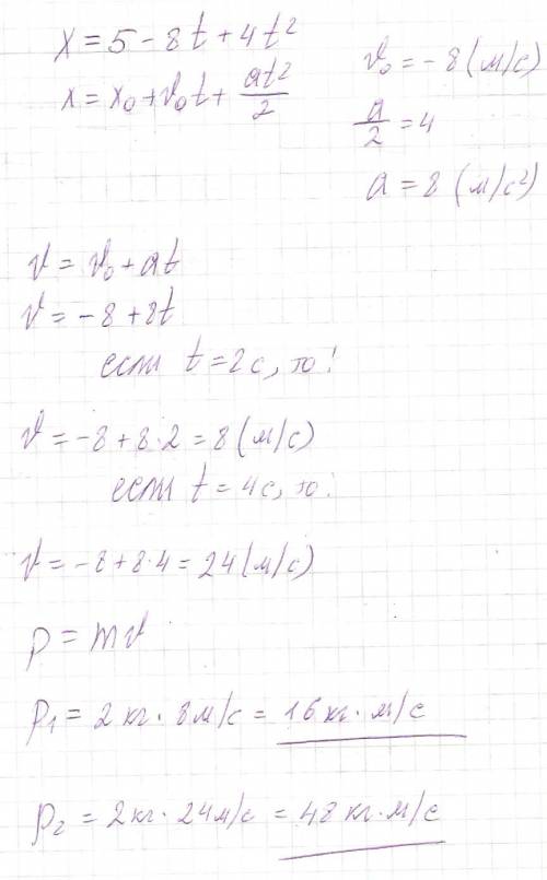 Движение материальной точки описывается уравнением x=5-8t+4t^2. приняв ее массу равной 2кг, найти им