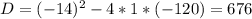 D=(-14)^{2}-4*1*(-120)=676