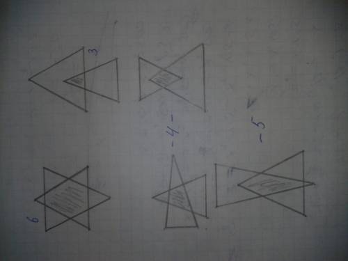 Начерти два треугольника так, чтобы их общей частью был 1) треугольник 2) четырёхугольгик 3) пятиуго