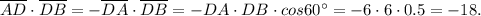 \overline{AD}\cdot\overline{DB}=-\overline{DA}\cdot\overline{DB}=-DA\cdot DB\cdot cos60^\circ=-6\cdot 6\cdot 0.5=-18.