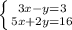 \left \{ {{3x-y=3} \atop {5x+2y=16}} \right.