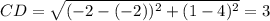 CD=\sqrt{(-2-(-2))^2+(1-4)^2}=3