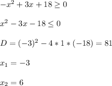 -x^{2}+3x+18\geq0 \\ \\x^{2}-3x-18\leq0 \\ \\D=(-3)^{2}-4*1*(-18)=81 \\ \\x_1=-3 \\ \\x_2=6