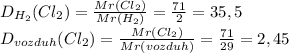 D_{H_2}(Cl_2)=\frac{Mr(Cl_2)}{Mr(H_2)}=\frac{71}{2}=35,5\\D_{vozduh}(Cl_2)=\frac{Mr(Cl_2)}{Mr(vozduh)}=\frac{71}{29}=2,45