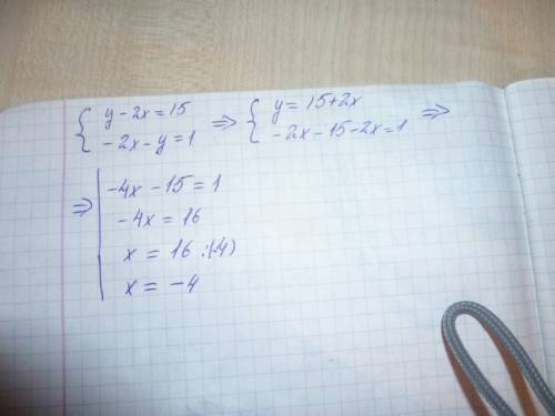 Решите систему уравнений методом сложения: у-2х=15 -2х-у=1