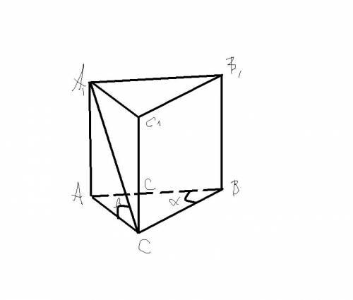 Основание прямой призмы-прямоугольный треугольник с гипотенузой с и астрым углом альфа.диагональ бок