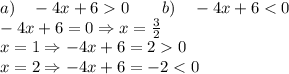 a)\quad -4x+60\quad\quad b)\quad -4x+6<0\\ -4x+6=0\Rightarrow x=\frac32\\ x=1\Rightarrow -4x+6=20\\ x=2\Rightarrow -4x+6=-2<0\\ 