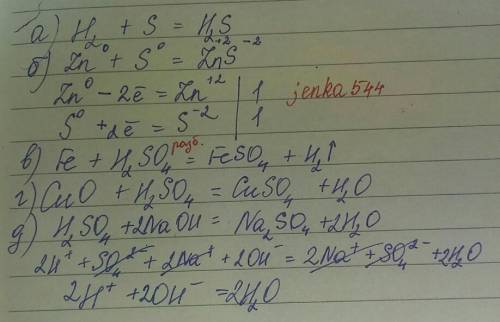 Составьте уравнения реакции взаимодействия: а) серы с водородом; б) серы с цинком ( укажите степени 