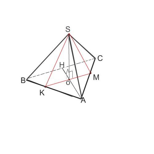 Вправильной треугольной пирамиде sabc ребра ab и ac разделены точками k m соответственно в отношении
